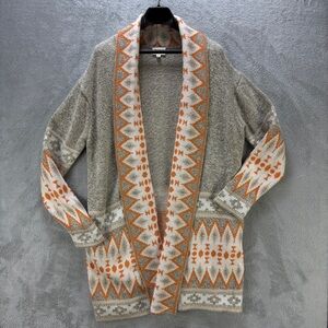 BiBi Geometric Open Front knit Cardigan | Orange and Gray, size M